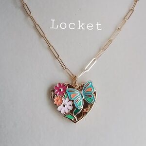 Colorful Floral Butterfly Heart Locket Necklace